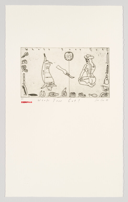 Butcher-style diagrams of a pig and a woman labeled with cuts around a central U.S. emblem and knife.