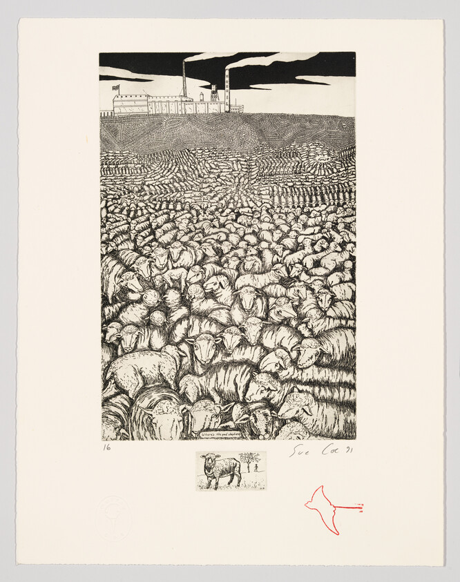 This is a black and white print featuring a densely packed flock of sheep in the foreground with a factory emitting smoke in the background, under a dark sky. The print includes various marks and annotations, such as a red stamp in the shape of an animal, and text that appears to be a signature and date in the lower right corner. There are also numbers and additional small images in the margins.
