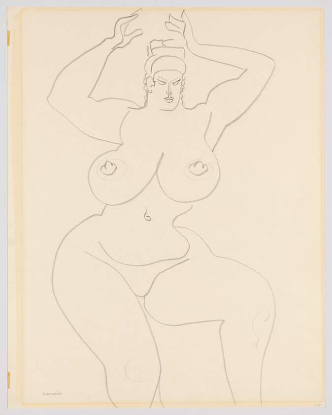 Nude woman with raised arms in a simple continuous-line drawing emphasizing curves and bold features.