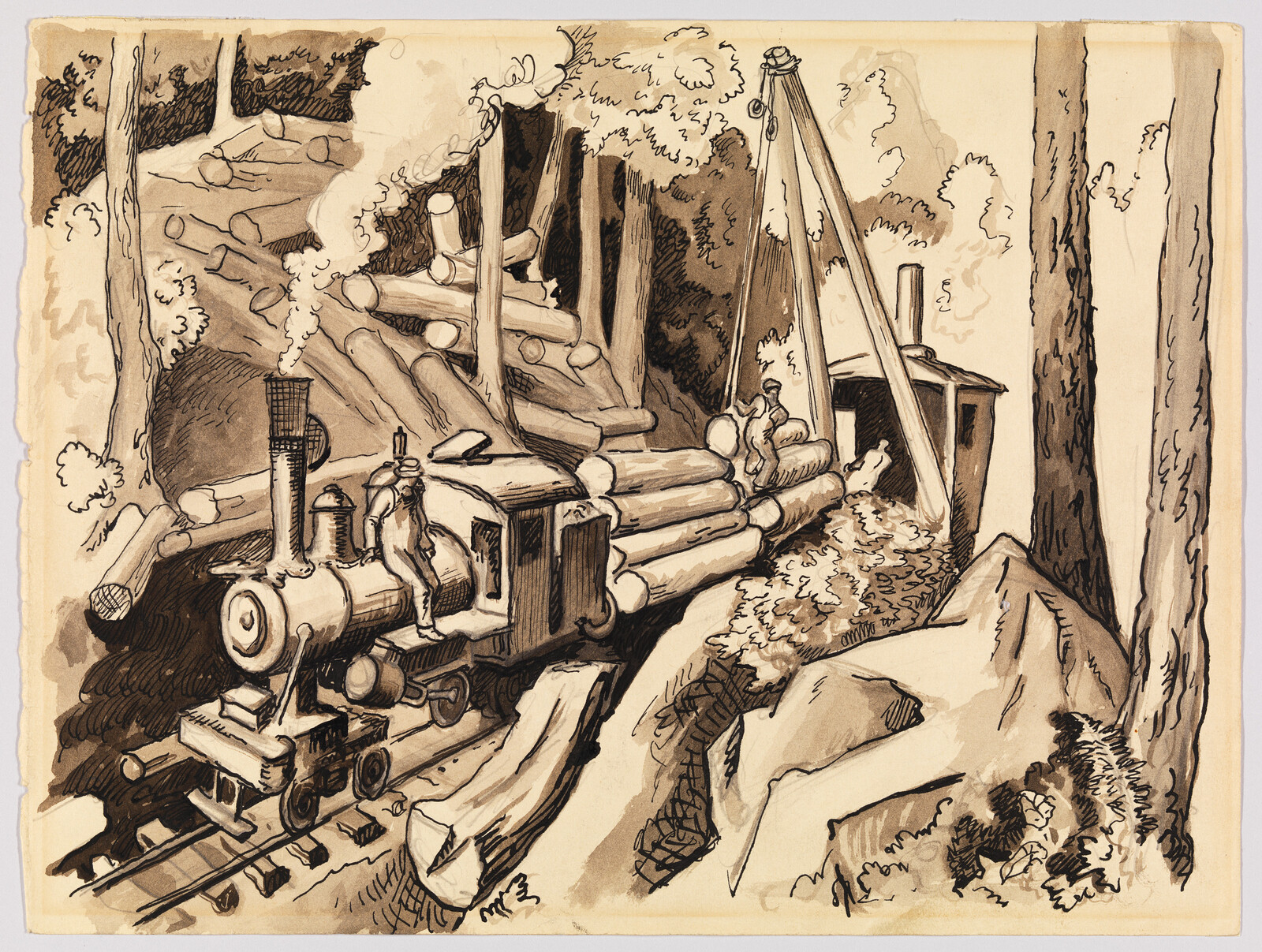 A steam locomotive pulls a flatcar loaded with large logs through a forest logging camp.