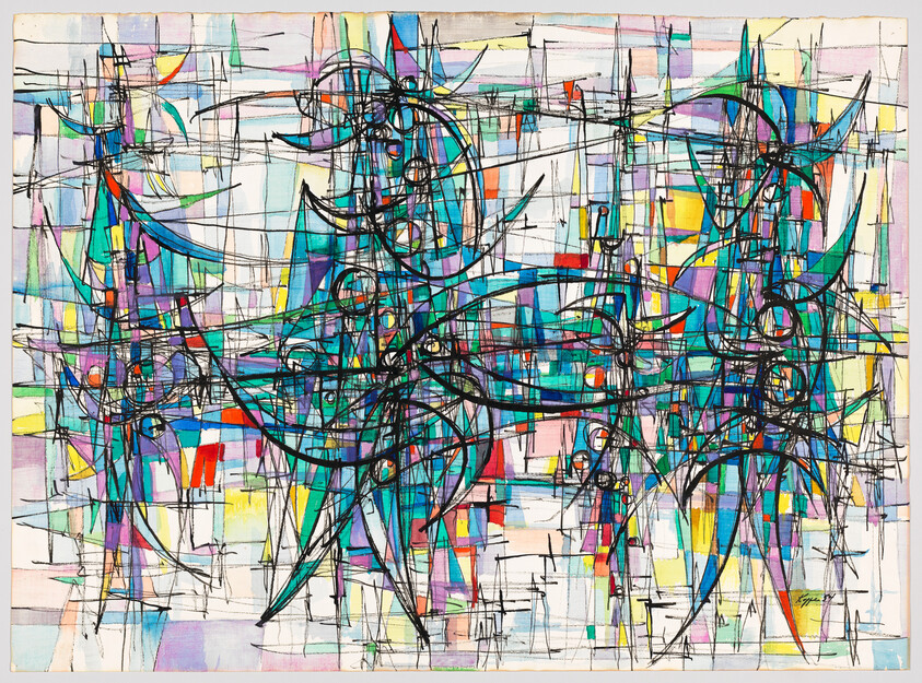 Colorful abstract composition with overlapping black curved lines forming star-like shapes and grid patterns.