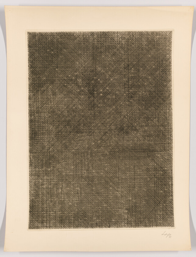 A textured monochrome print with a dense grid pattern that gives the appearance of a woven fabric, mounted on an off-white paper background. The artwork is signed in the lower right corner.