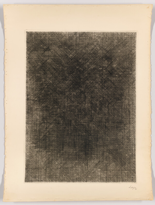 A detailed etching with a dense, intricate pattern of fine lines creating a dark, textured central area that fades towards the edges, signed by the artist at the bottom right corner. The artwork is mounted on a larger, lightly aged paper with rough edges.