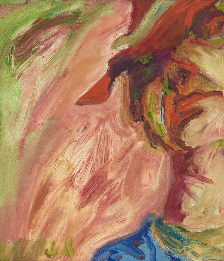 Abstract painting with swirling pink and green brushstrokes and bold red and blue accents.