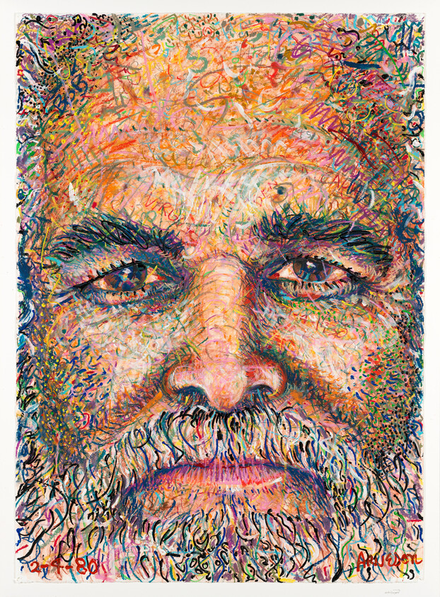 Close-up colorful painted portrait of an older man with a beard and intense eyes.