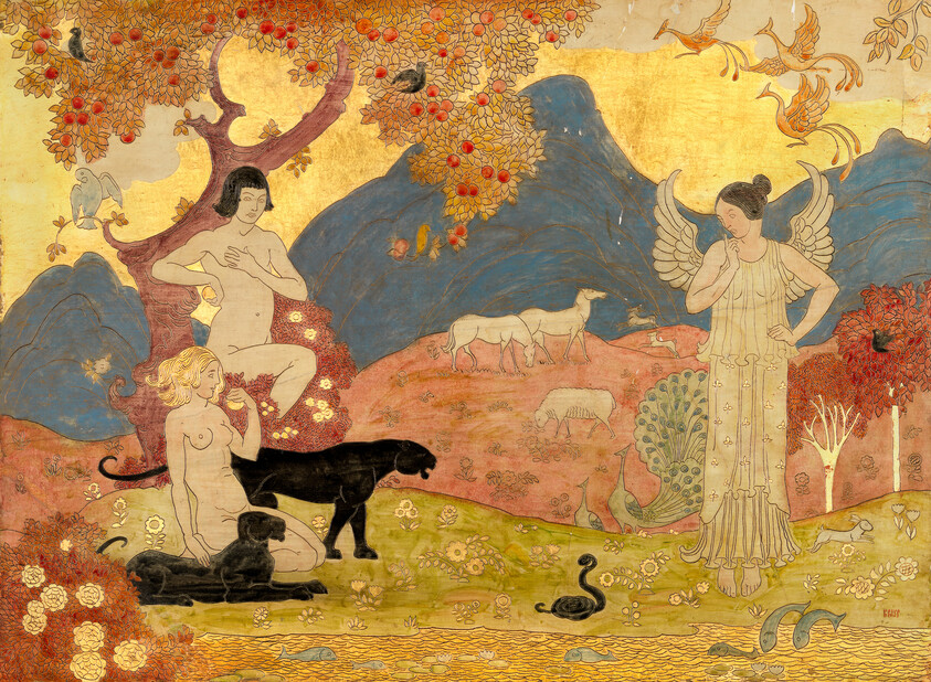 Winged woman stands watching two nude figures with black panthers in a golden pastoral scene.