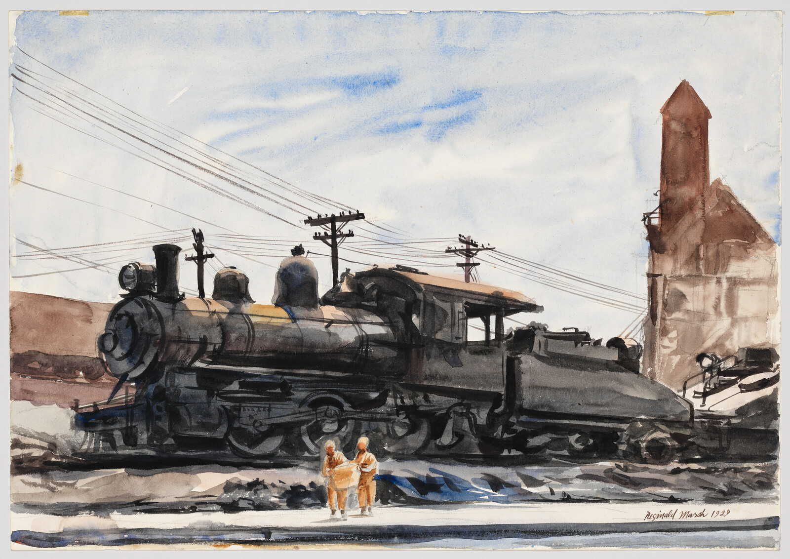 A watercolor painting from 1929 by Reginald Marsh depicting a black steam locomotive on tracks with a large industrial building in the background. Two figures in white overalls stand in the foreground, seemingly in conversation. The sky is painted with soft blue hues and scattered clouds, while a network of power lines stretches across the upper part of the scene.