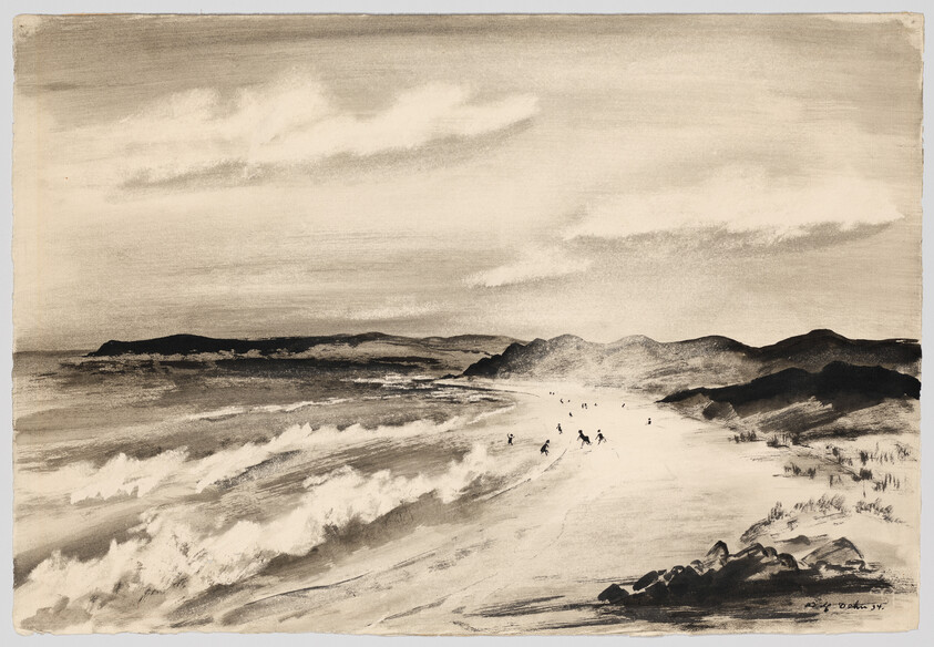 Windswept beach with crashing waves and small figures walking along the shoreline toward distant dunes.
