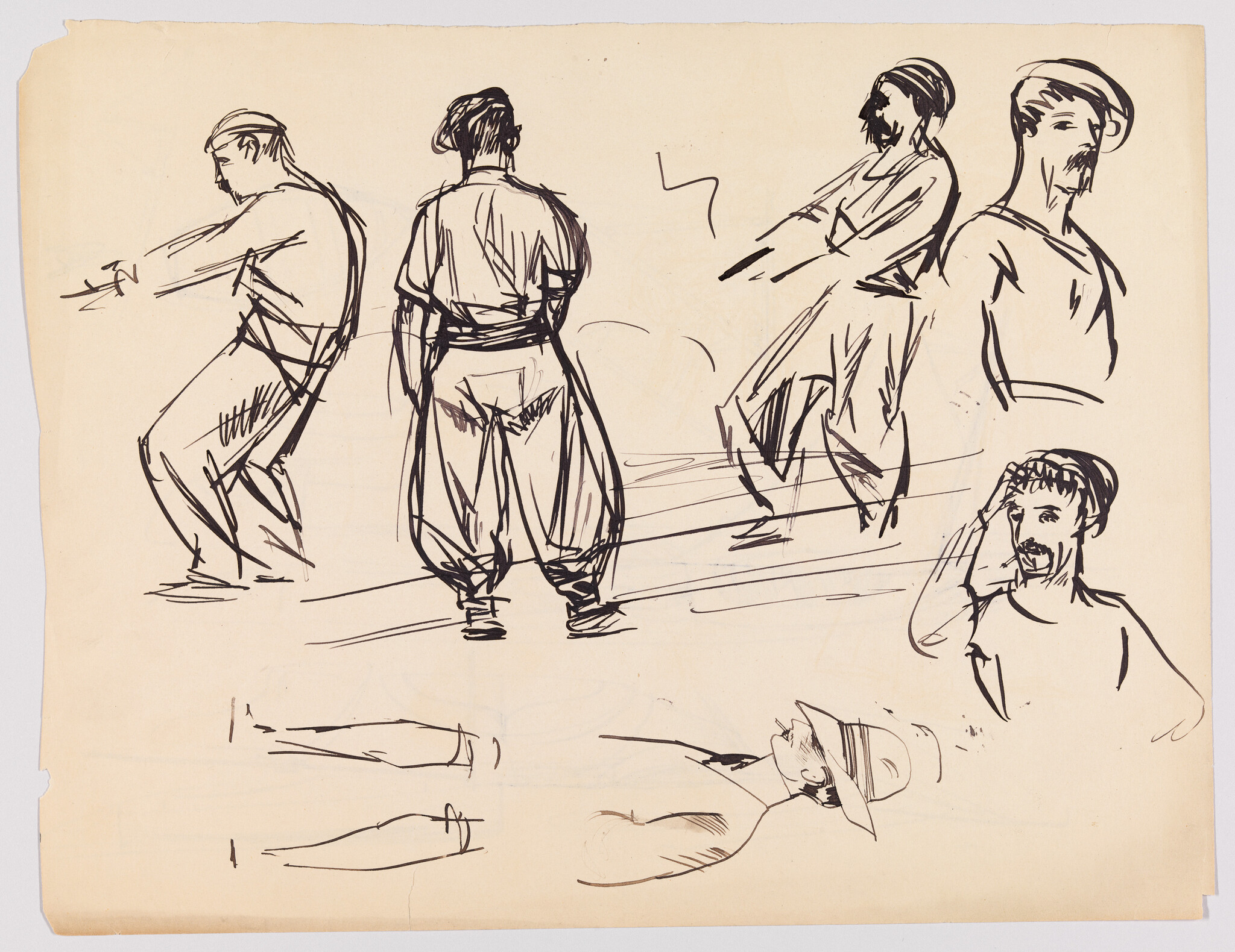 Several ink sketches of a man wearing loose trousers shown in various standing and leaning poses.