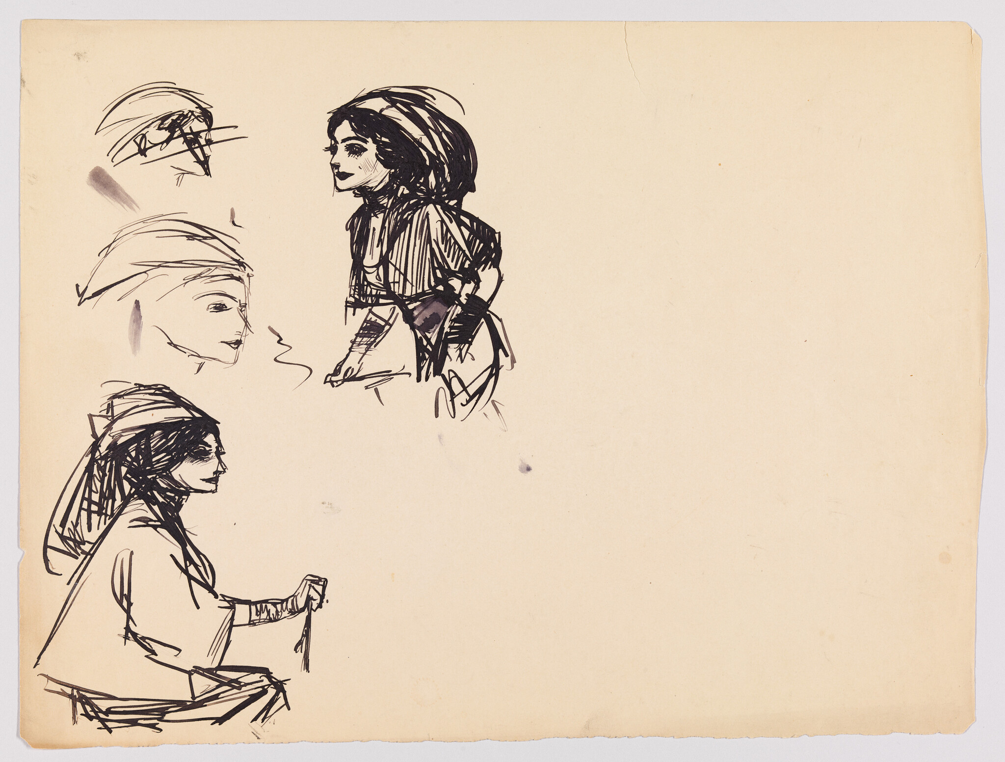 Three quick ink sketches of a woman in different headscarf poses, one seated holding a cane.