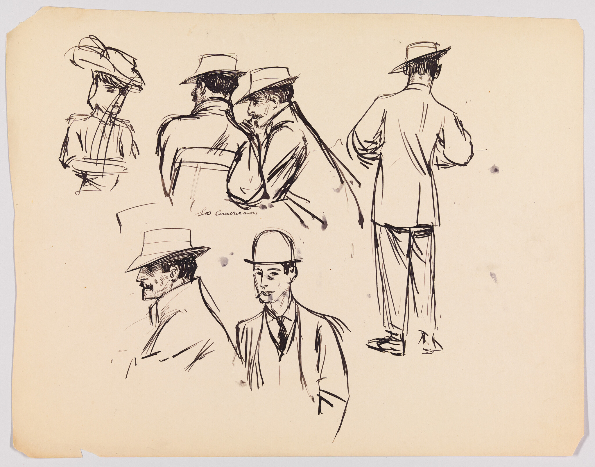 Several quick ink sketches show men in hats and coats in different poses.