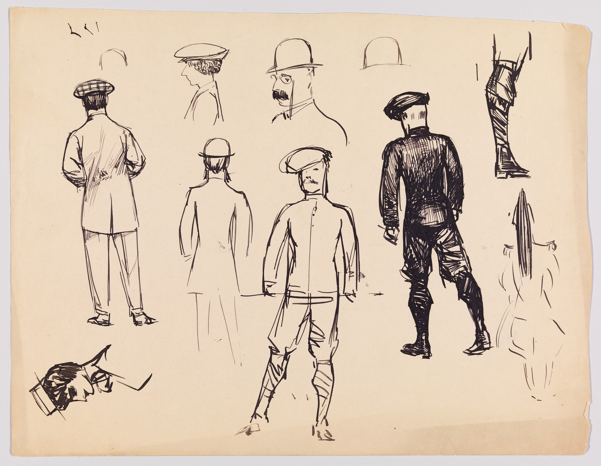 Multiple ink sketches of men in early 20th-century hats and coats, shown from various angles.