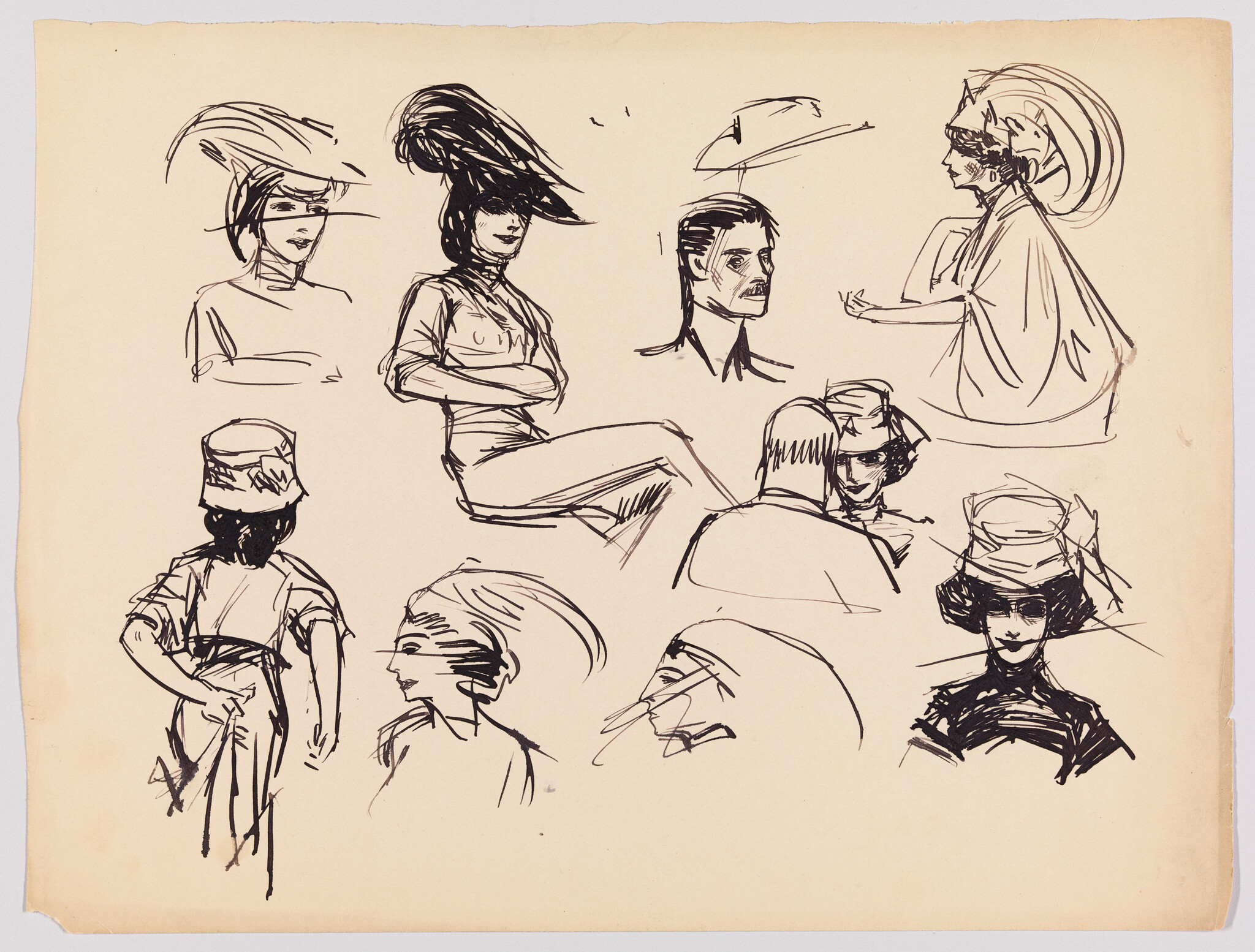A sketch page with various quick ink drawings of figures, mostly focusing on heads wearing different styles of hats. There are a couple of full-body sketches and one detailed male face among the more abstract representations. The paper appears aged, giving it a vintage look.