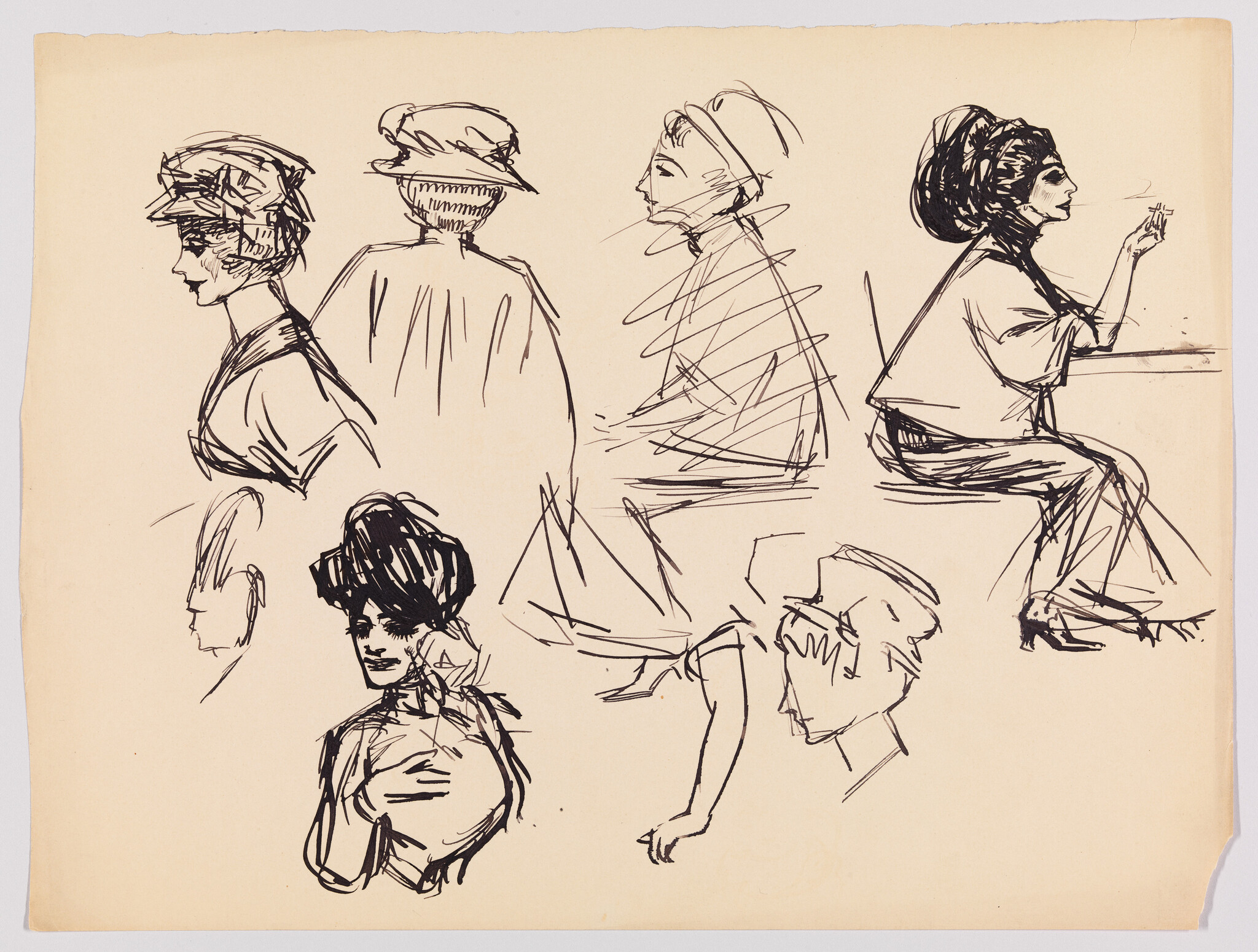 Multiple quick ink sketches of women in early 20th-century hats, one seated and smoking.