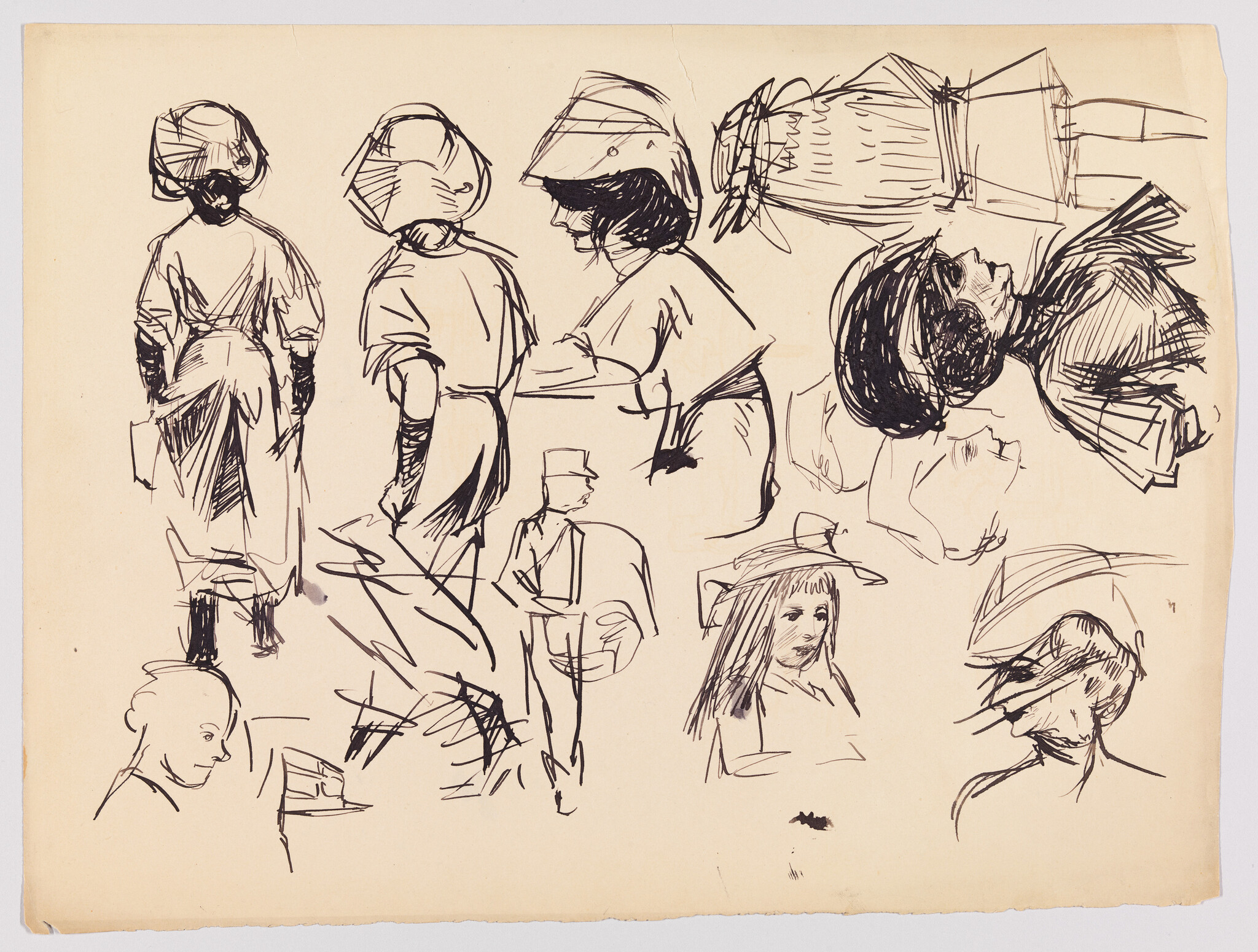 Multiple loose ink sketches of people wearing hats and different poses on cream paper.