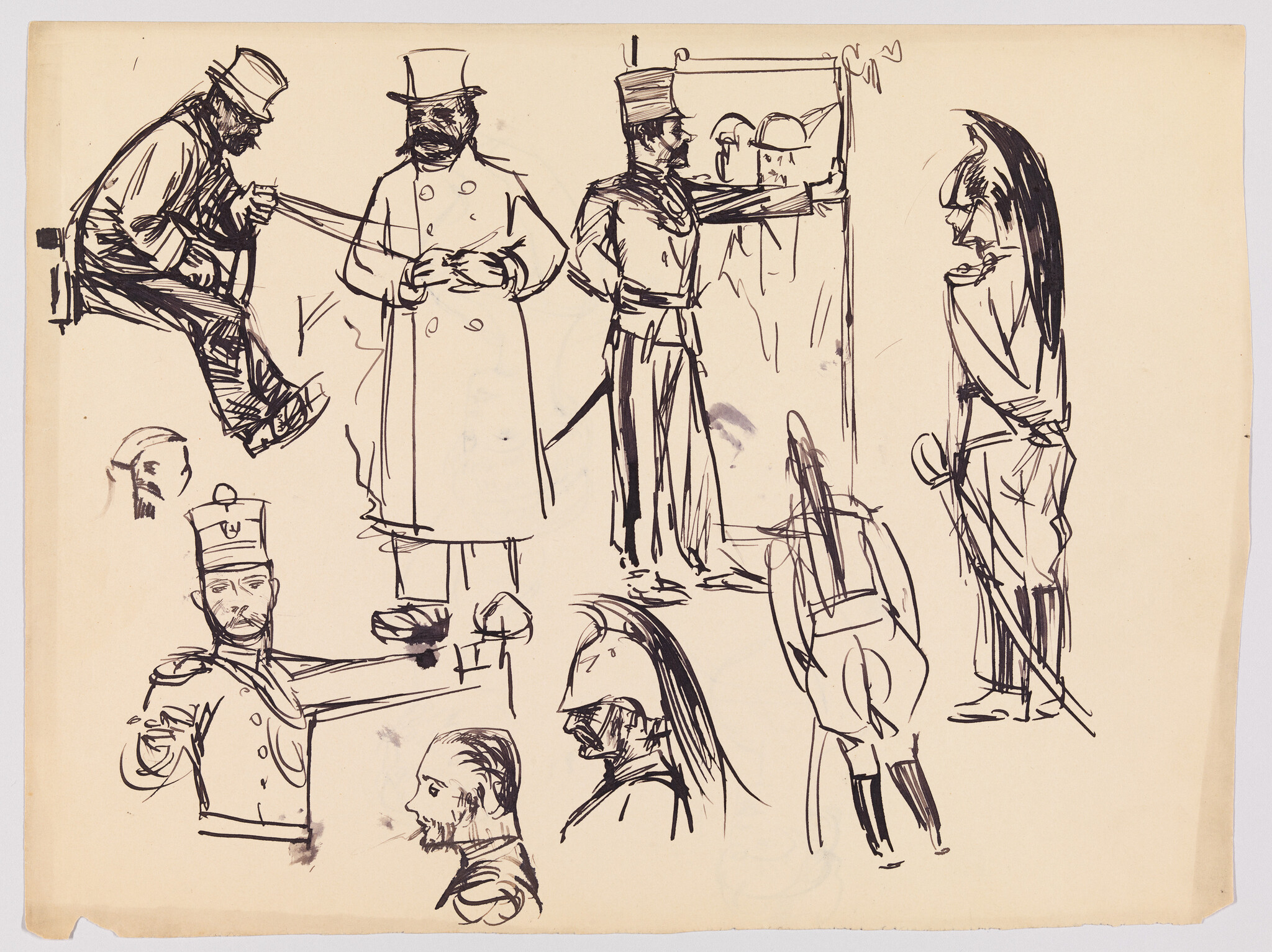 Multiple quick ink sketches of men in uniforms and top hats in various poses.