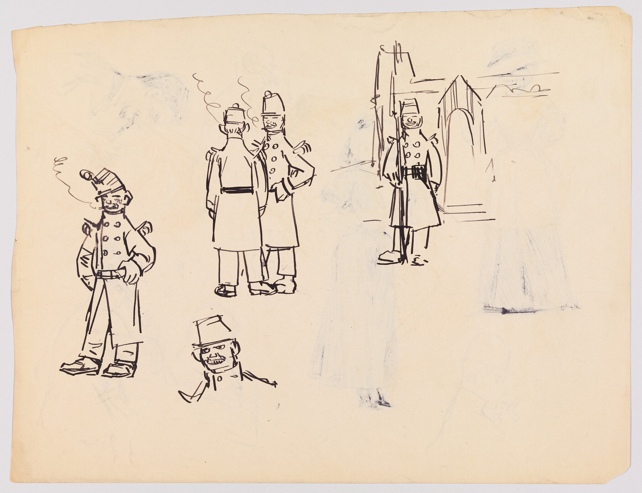 Several quick ink sketches of uniformed soldiers and officers standing, conversing, and posing.