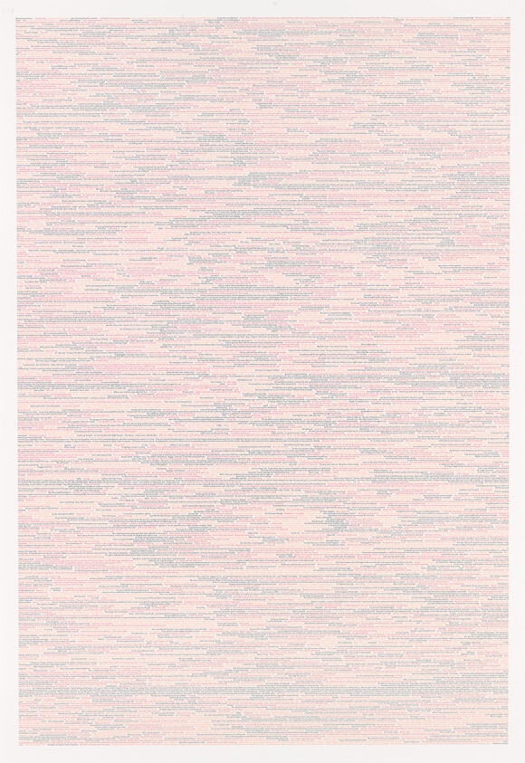 A densely packed text block with alternating lines of pink and blue, creating a textured pattern across the entire page.