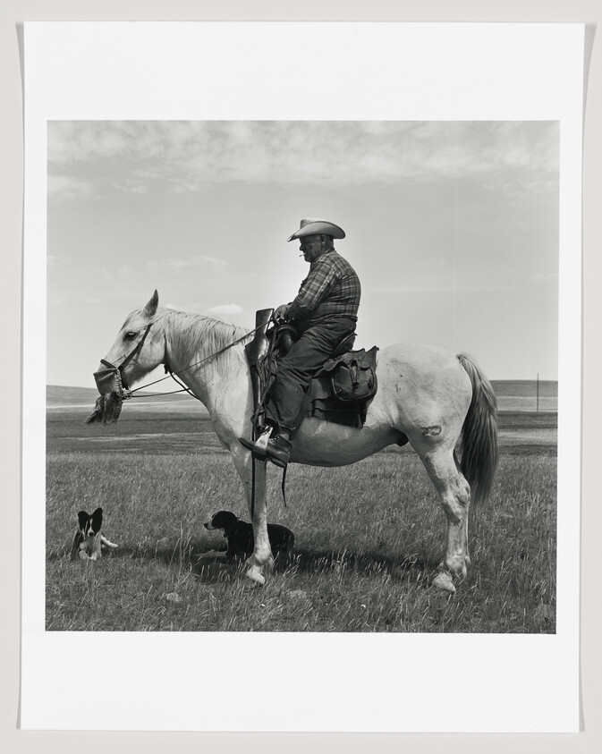 A black and white photograph of a cowboy wearing a hat and plaid shirt, mounted on a white horse in an open field. Two dogs, one black and one black and white, are sitting in the grass near the horse. The sky is clear with a few clouds, and the horizon is flat, suggesting a vast, open landscape.