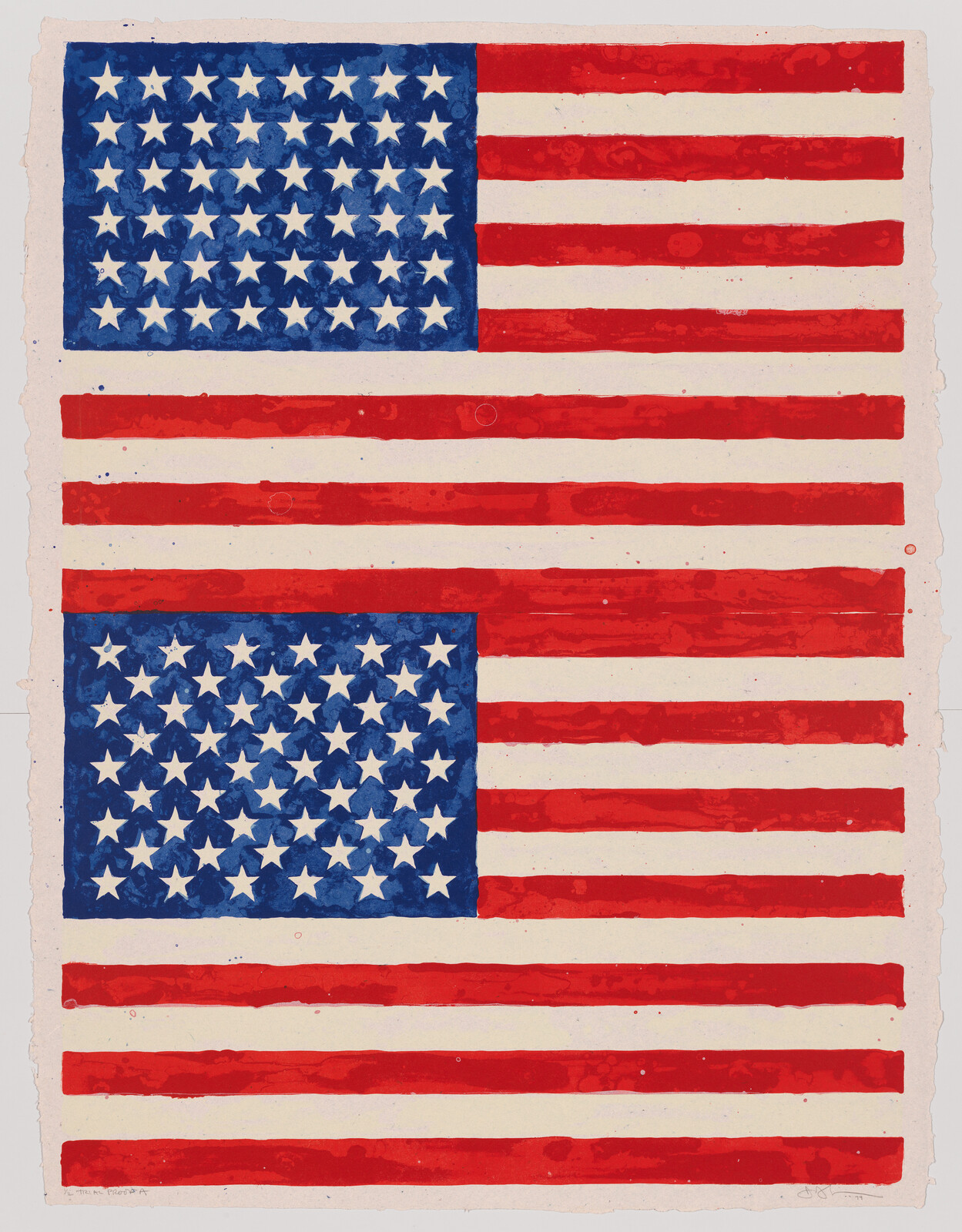 Two hand-painted American flags stacked vertically with blue star fields and red stripes.