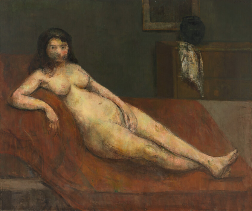A nude woman reclines on a red-draped bed looking toward the viewer.