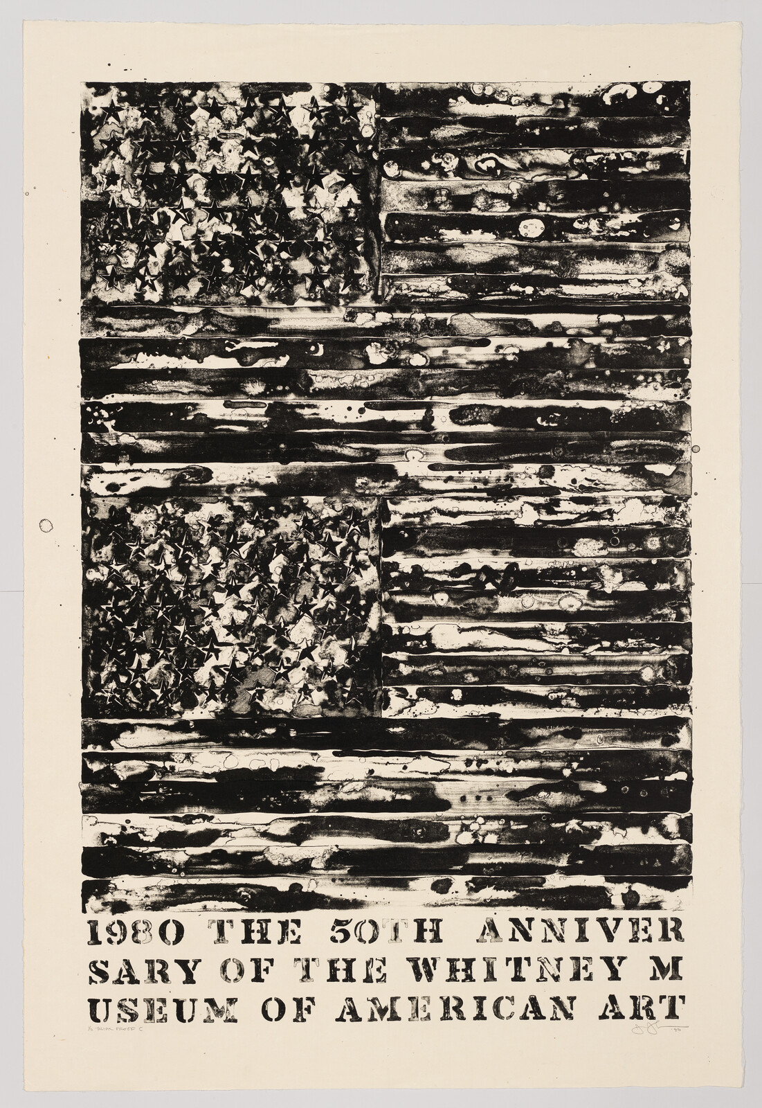 A distressed black and white American flag with text marking the Whitney Museum's 50th anniversary in 1980.