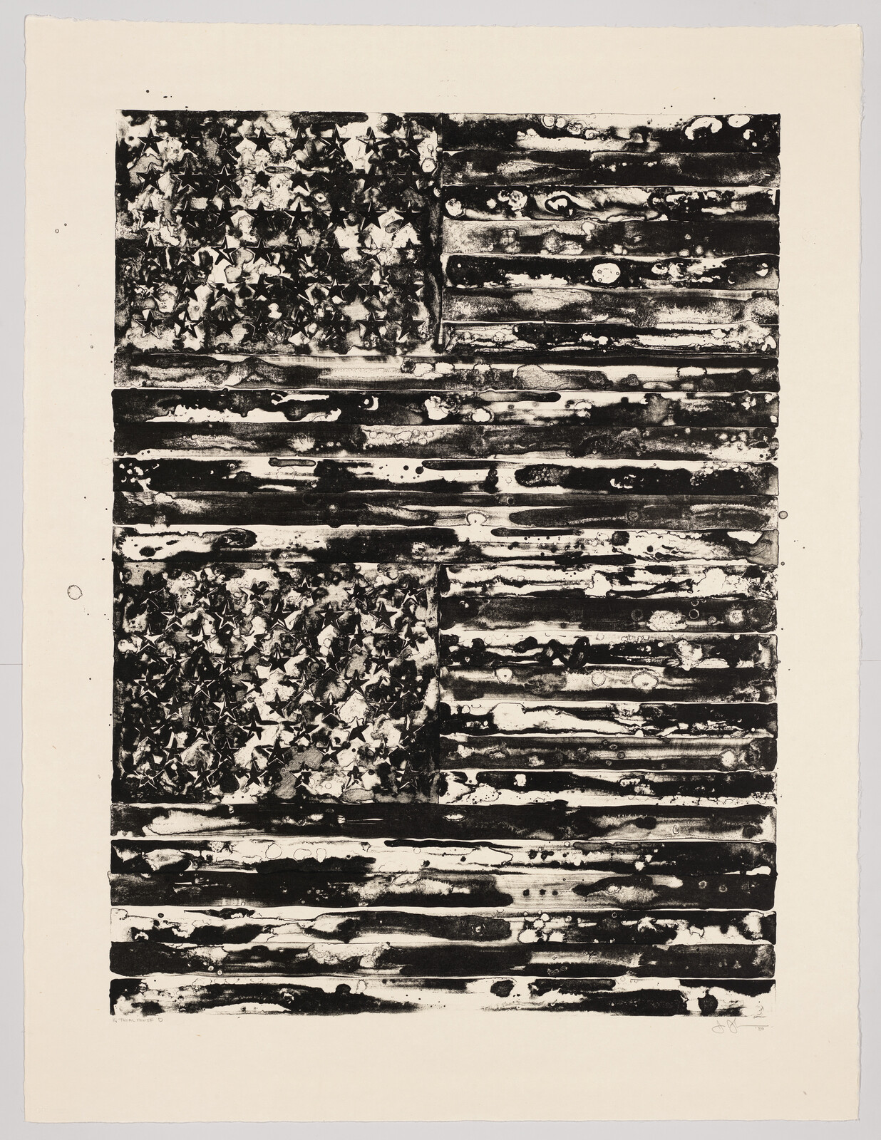 A black-and-white print of two distressed American flags with smeared, dripping stripes and stars.
