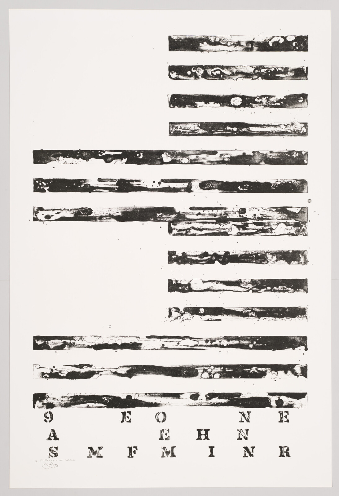 Abstract print with irregular black horizontal bars and scattered stamped letters along the bottom.