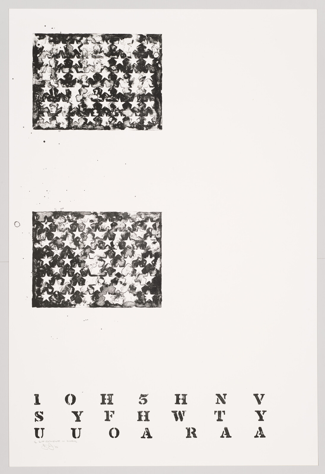 Two distressed black flag-like star panels above scattered stenciled letters on a white background.