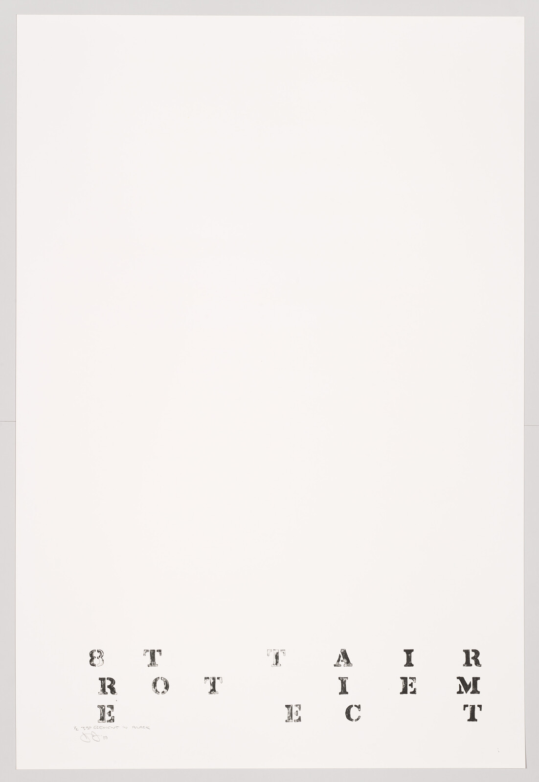 Large blank white poster with scattered black stamped letters arranged along the bottom edge.