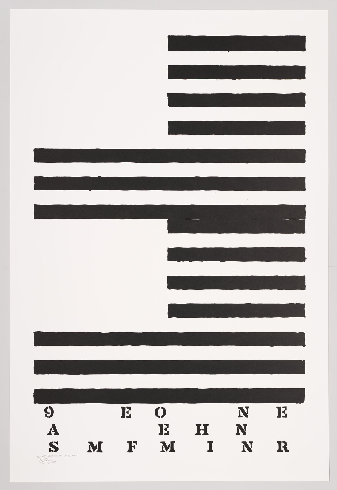 Poster with stacked black horizontal bars and scattered stencil letters across the bottom.