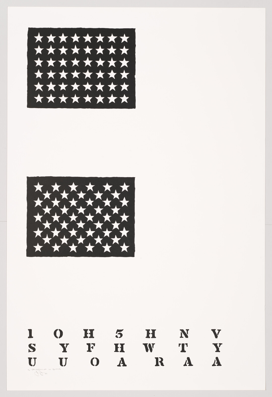 Two black rectangles filled with white stars appear above scattered stenciled letters on a white background.