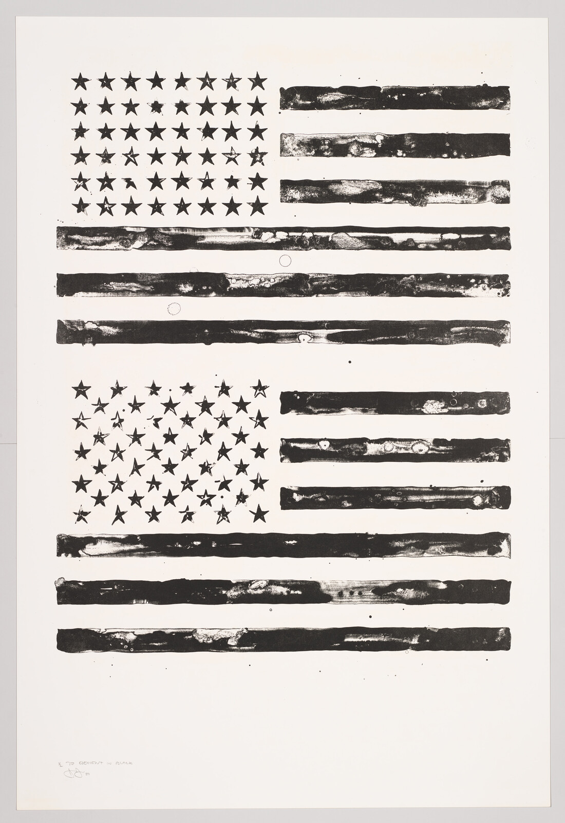 Two distressed black-and-white American flags printed one above the other on white paper.