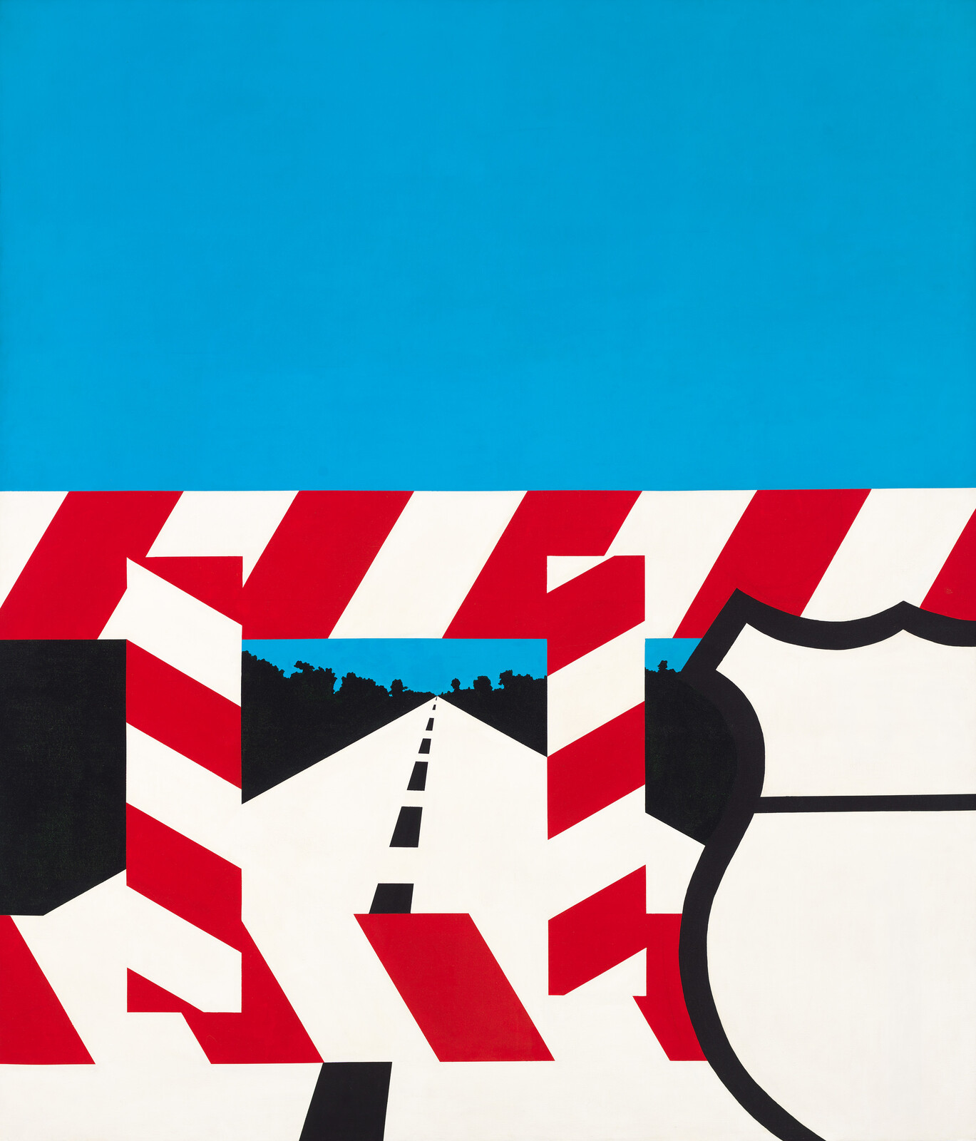 A straight highway disappears through a red-and-white striped barrier under a bright blue sky.