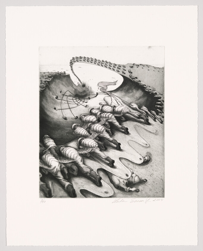 Row of crawling figures in patterned suits descending toward a swirling vortex at the top.