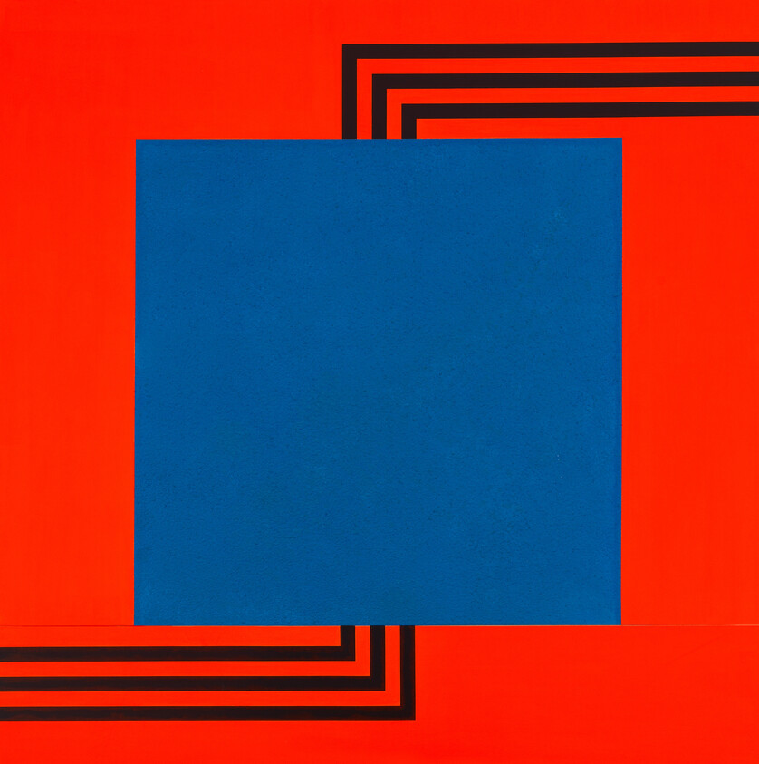 A large blue square centered on a red background with black stepped corner lines.