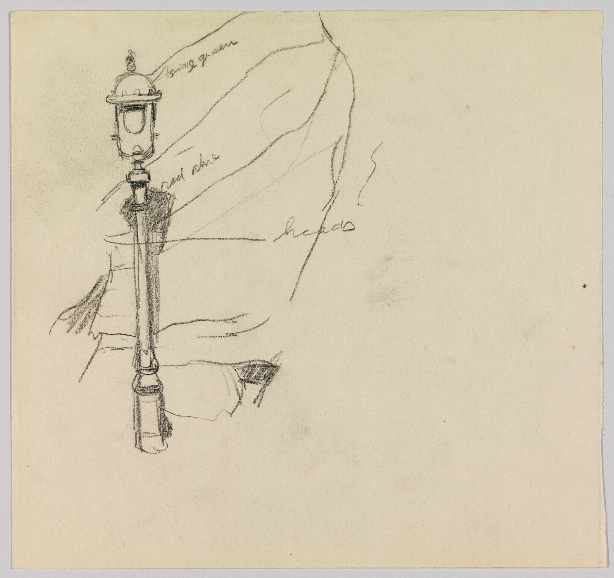 Pencil sketch shows a decorative street lamp post with draped fabric and handwritten notes.