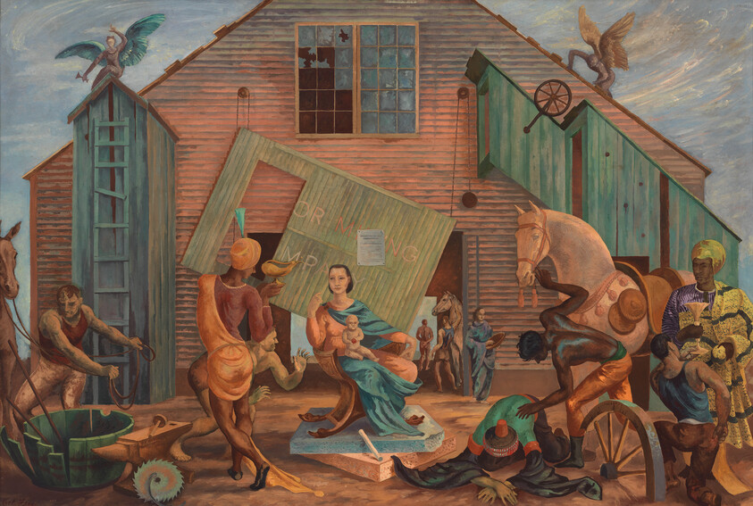 Woman holding a baby seated amid workers and animals in front of a collapsing wooden barn.