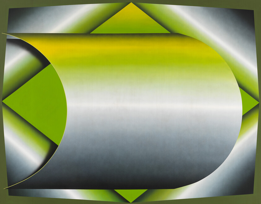 A large metallic silver and green curved panel overlays bright green diamond shapes on a dark background.