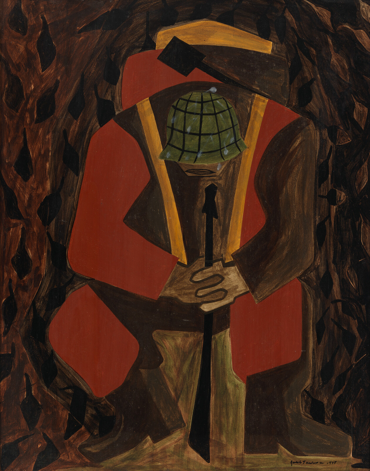A person in a red coat and green hat crouches, holding a long object, surrounded by dark shapes.