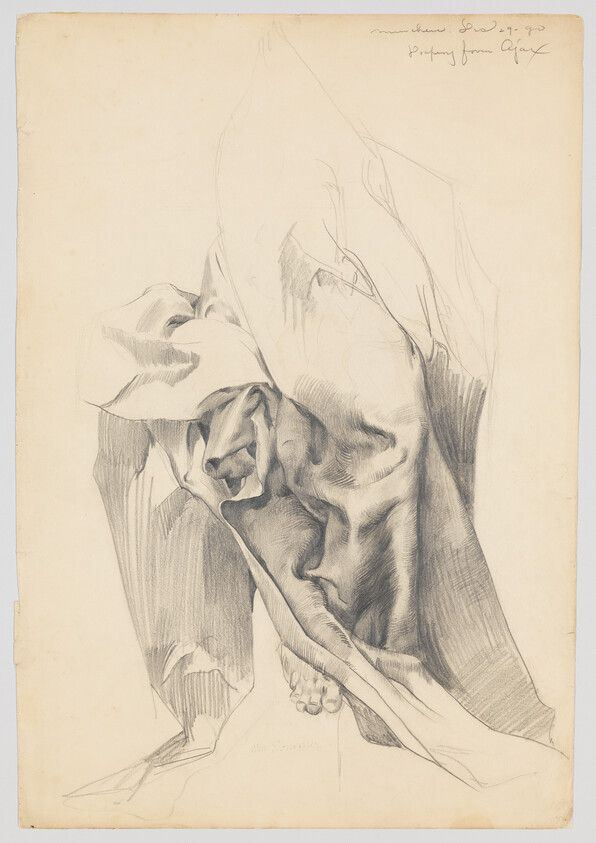 Draped cloth falls over a bent leg, revealing a pair of bare feet.