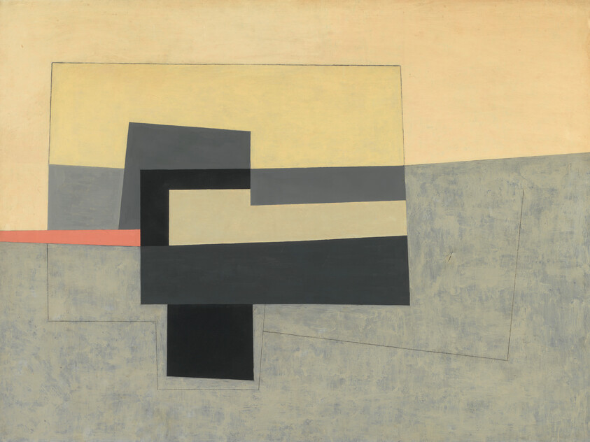 Abstract composition of layered geometric rectangles with a dark central block and a thin coral stripe.