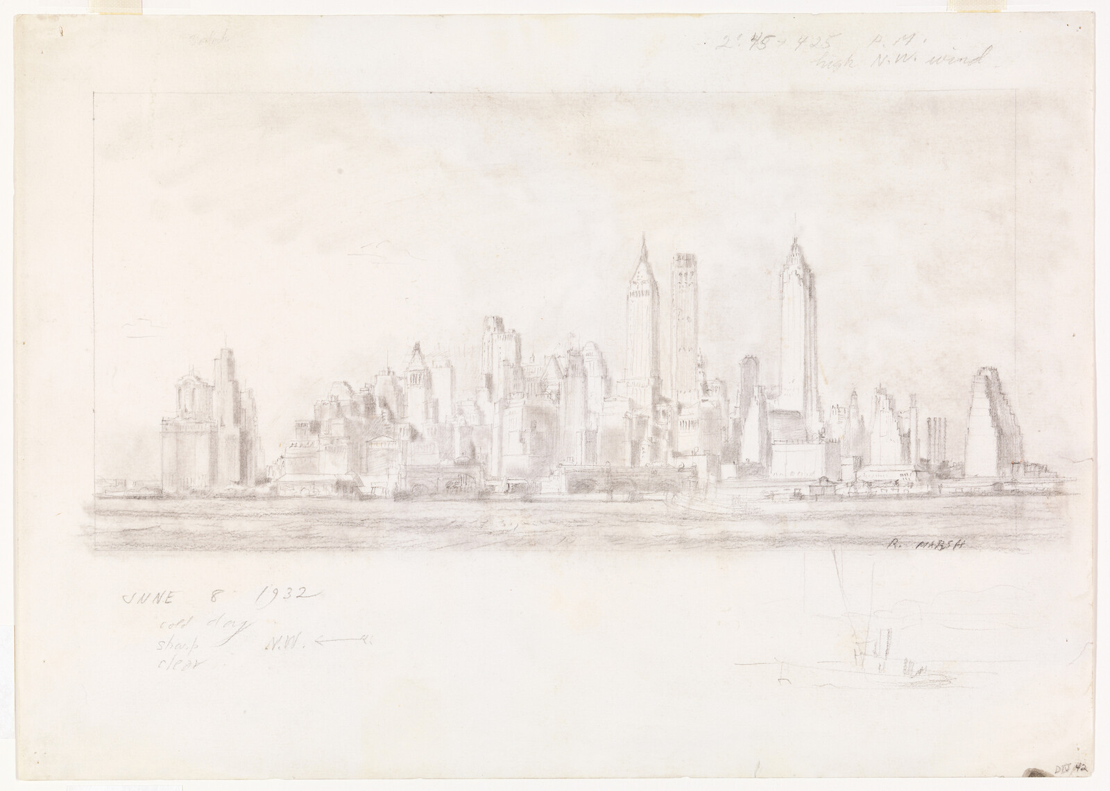 Pencil sketch showing a city skyline across calm water with handwritten note "June 8, 1932".