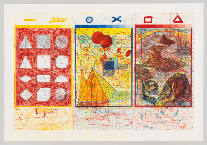 Three colorful panels showing geometric shapes, a pyramid with floating shapes, and an abstract human figure.