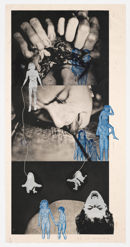 Collage of black-and-white close-up faces and hands with small blue figures connected by strings.