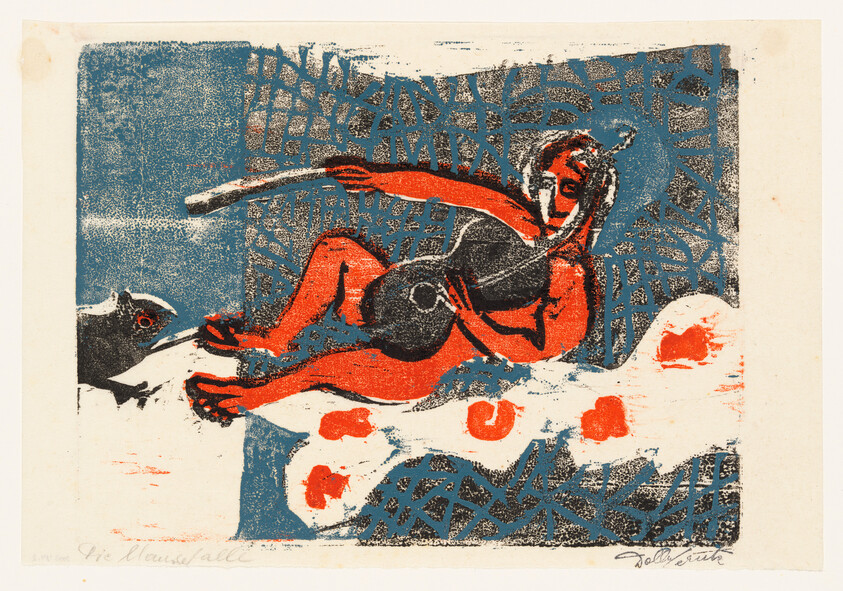 A red reclining figure strums a round-bodied stringed instrument while a small animal watches.