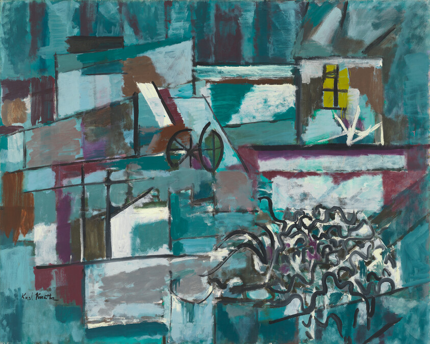 Abstract teal painting showing a bicycle wheel, a yellow window, and tangled dark lines suggesting plants.