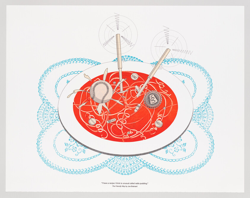 Bowl of red spaghetti mixed with radio parts and tuning knobs on a lace doily.
