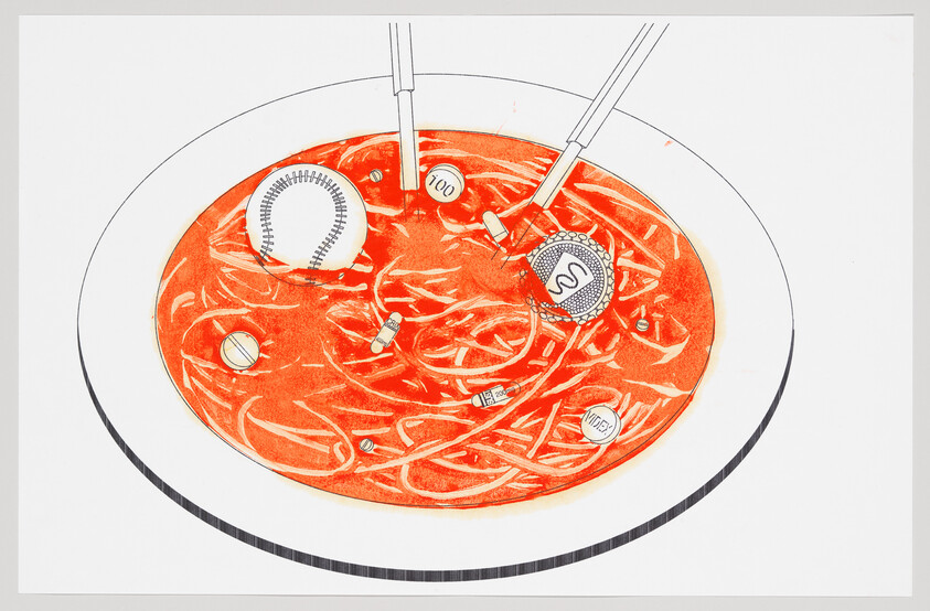 A bowl of red noodles mixed with coins and bottle caps being picked up by chopsticks.
