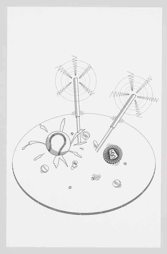 Two vibrating rods above a round platform with pills, coins, and a cracked ball.